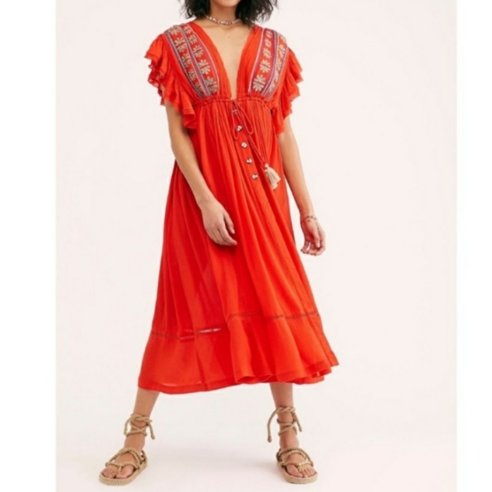 Free People Will Wait for You Red Boho Midi Dress